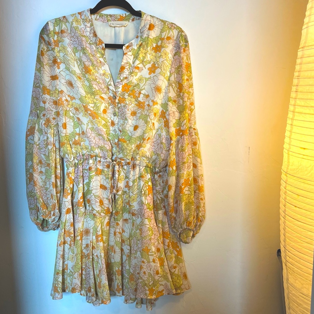 70s Print Orange Green Floral Peasant Sleeve Dress